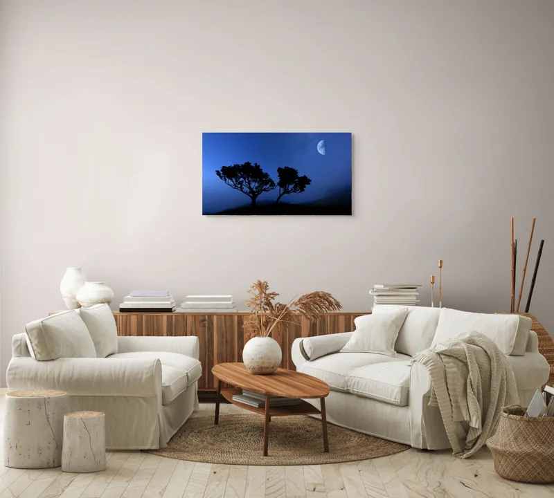 Tablou Canvas, "Copacii visători sub cer înstelat", Cer, Lumină, Siluetă, Stele, Mistic, Lună, Copaci, Noapte, Peisaj, Răsărit., 90 x 50 cm – poza 4