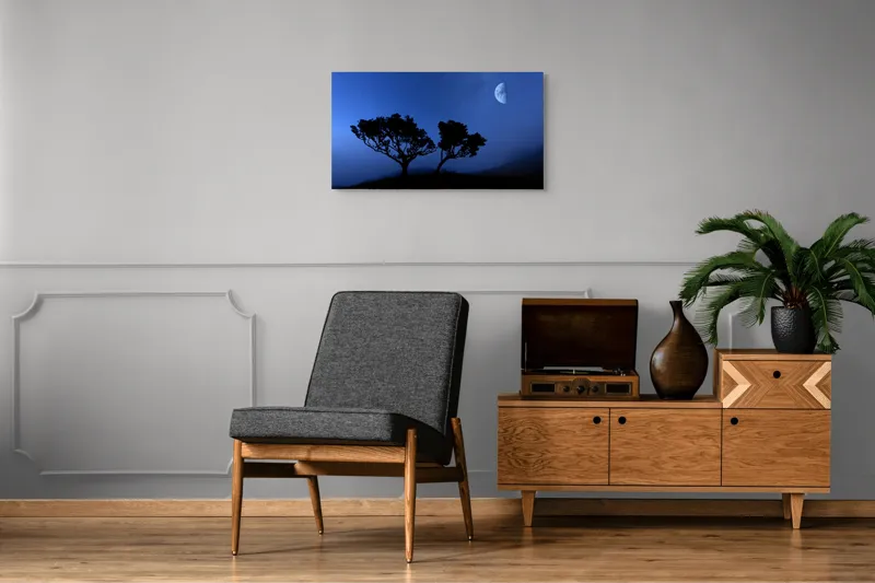 Tablou Canvas, "Copacii visători sub cer înstelat", Cer, Lumină, Siluetă, Stele, Mistic, Lună, Copaci, Noapte, Peisaj, Răsărit., 90 x 50 cm – poza 6