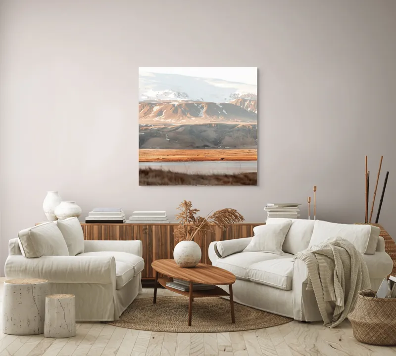 Tablou Canvas, "Văi și Munți Înzăpeziți în Apus", Munte, Zăpadă, Peisaj, Câmpie, Cer, Întindere, Natură, Frumusețe, Serenitate, 100 x 100 cm – poza 3