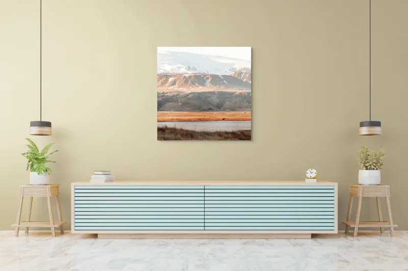 Tablou Canvas, "Văi și Munți Înzăpeziți în Apus", Munte, Zăpadă, Peisaj, Câmpie, Cer, Întindere, Natură, Frumusețe, Serenitate, 100 x 100 cm – poza 5