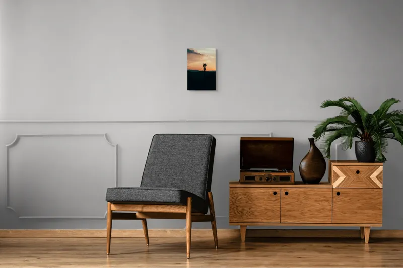 Tablou Canvas, "Apus de soare tropical liniștit", Apus, Siluetă, Palmier, Cer, Munți, Nori, Peisaj, Lumină, Natură, Orizont, 26 x 39 cm – poza 8