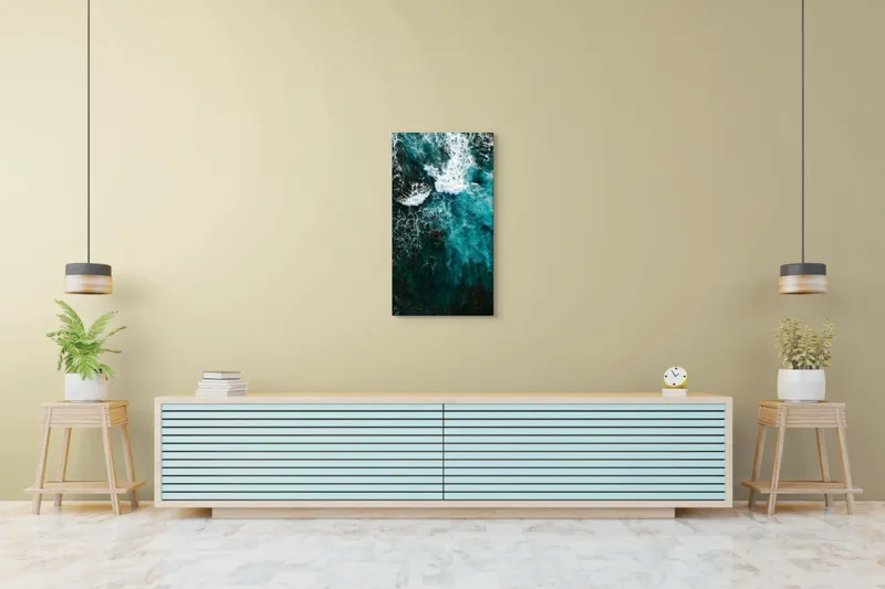 Tablou Canvas, "Frumusețea tumultoasă a oceanului turcoaz", Valuri, Spumă, Ocean, Albastru, Energie, Natură, Frumusețe, Mișcare, Adâncime, Liniște, 50 x 90 cm – poza 6