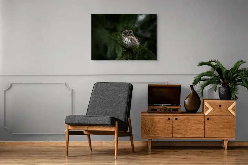 Tablou Canvas, "Bufnița misterioasă printre ramuri verzi", Bufniță, Privire, Pene, Crengi, Noapte, Camuflaj, Calm, Pădure, Mister, Observare, 100 x 70 cm – poza 8