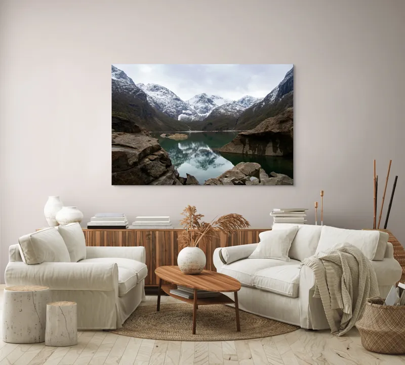 Tablou Canvas, "Reflectarea munților în oglinda lacului", Munți, Reflecții, Lac, Zăpadă, Rocă, Cer, Natură, Calm, Peisaj, Frumusețe, 150 x 100 cm – poza 3