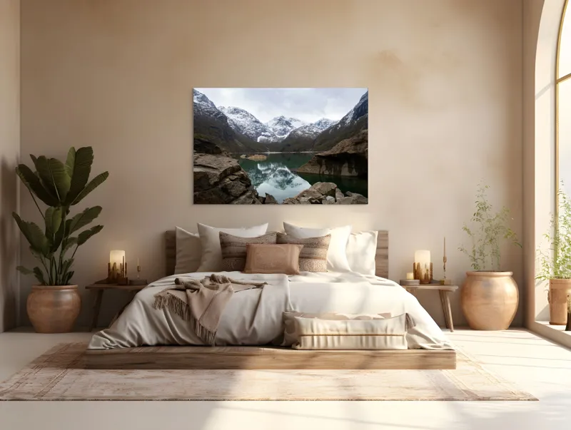 Tablou Canvas, "Reflectarea munților în oglinda lacului", Munți, Reflecții, Lac, Zăpadă, Rocă, Cer, Natură, Calm, Peisaj, Frumusețe, 150 x 100 cm – poza 4