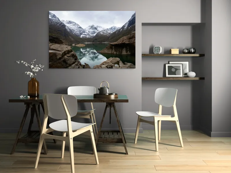 Tablou Canvas, "Reflectarea munților în oglinda lacului", Munți, Reflecții, Lac, Zăpadă, Rocă, Cer, Natură, Calm, Peisaj, Frumusețe, 150 x 100 cm – poza 5