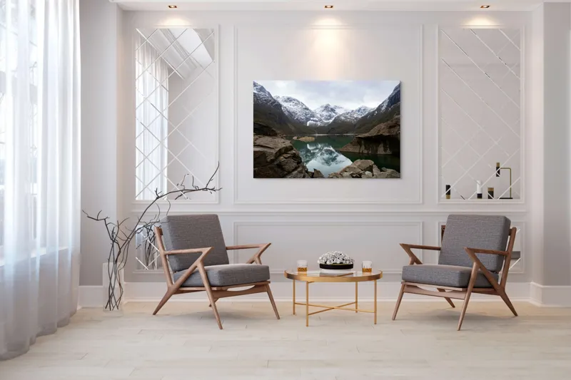 Tablou Canvas, "Reflectarea munților în oglinda lacului", Munți, Reflecții, Lac, Zăpadă, Rocă, Cer, Natură, Calm, Peisaj, Frumusețe, 150 x 100 cm – poza 7