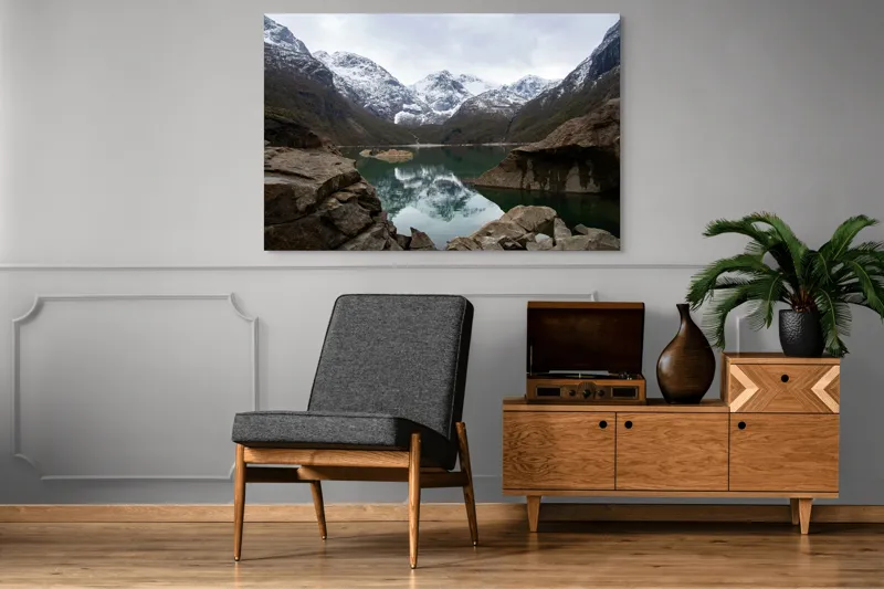 Tablou Canvas, "Reflectarea munților în oglinda lacului", Munți, Reflecții, Lac, Zăpadă, Rocă, Cer, Natură, Calm, Peisaj, Frumusețe, 150 x 100 cm – poza 8