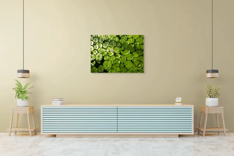 Tablou Canvas, "Unică floare printre frunze verzi", Frunze, Lumină, Apă, Floare, Verde, Reflexii, Natură, Serenitate., 100 x 70 cm – poza 4