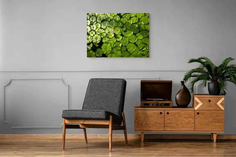 Tablou Canvas, "Unică floare printre frunze verzi", Frunze, Lumină, Apă, Floare, Verde, Reflexii, Natură, Serenitate., 100 x 70 cm – poza 8