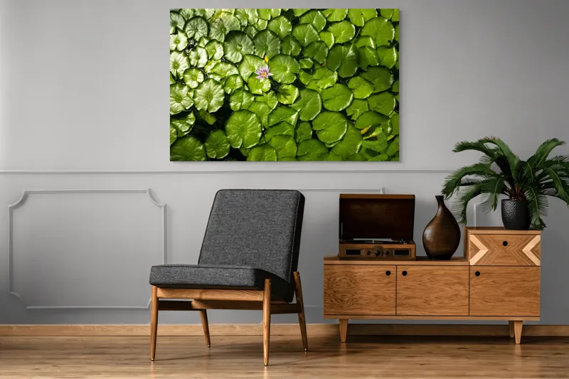 Tablou Canvas, "Unică floare printre frunze verzi", Frunze, Lumină, Apă, Floare, Verde, Reflexii, Natură, Serenitate., 150 x 100 cm – poza 8