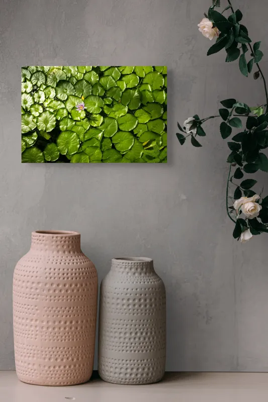 Tablou Canvas, "Unică floare printre frunze verzi", Frunze, Lumină, Apă, Floare, Verde, Reflexii, Natură, Serenitate., 39 x 26 cm – poza 4