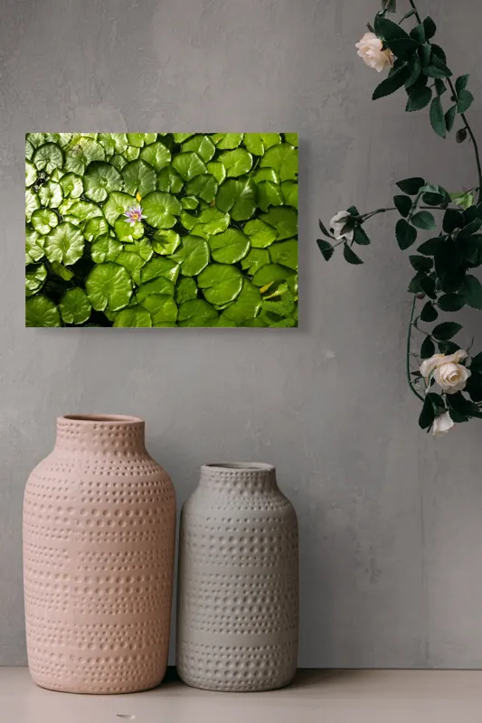 Tablou Canvas, "Unică floare printre frunze verzi", Frunze, Lumină, Apă, Floare, Verde, Reflexii, Natură, Serenitate., 54 x 39 cm – poza 8