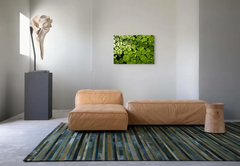 Tablou Canvas, "Unică floare printre frunze verzi", Frunze, Lumină, Apă, Floare, Verde, Reflexii, Natură, Serenitate., 70 x 50 cm – poza 8