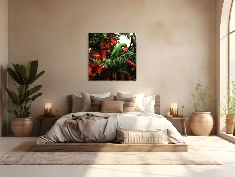Tablou Canvas, "Papagalul colorat printre flori roșii", Papagal, Verde, Ramuri, Flori, Rosii, Frunze, Arbori, Natura, Vivid, Exotic, 100 x 100 cm – poza 4