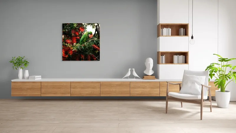 Tablou Canvas, "Papagalul colorat printre flori roșii", Papagal, Verde, Ramuri, Flori, Rosii, Frunze, Arbori, Natura, Vivid, Exotic, 100 x 100 cm – poza 8