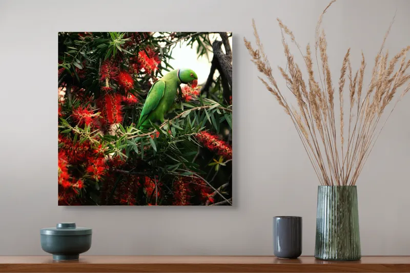 Tablou Canvas, "Papagalul colorat printre flori roșii", Papagal, Verde, Ramuri, Flori, Rosii, Frunze, Arbori, Natura, Vivid, Exotic, 50 x 50 cm – poza 4