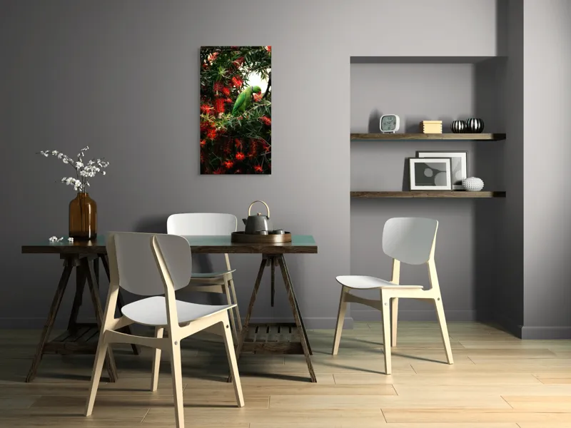 Tablou Canvas, "Papagalul colorat printre flori roșii", Papagal, Verde, Ramuri, Flori, Rosii, Frunze, Arbori, Natura, Vivid, Exotic, 50 x 90 cm – poza 4