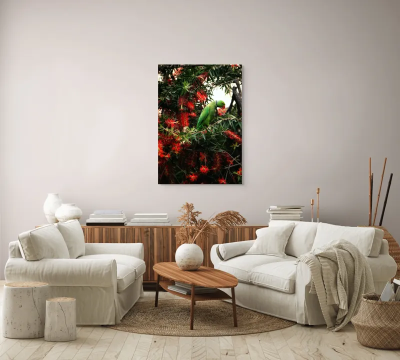 Tablou Canvas, "Papagalul colorat printre flori roșii", Papagal, Verde, Ramuri, Flori, Rosii, Frunze, Arbori, Natura, Vivid, Exotic, 70 x 100 cm – poza 4