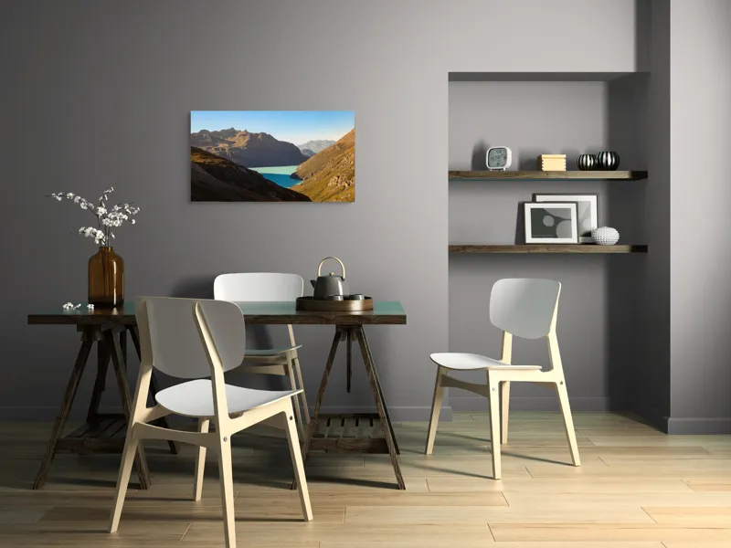 Tablou Canvas, "Lacul albastru între munți stâncoși", Montagne, Lac, Cer, Peisaj, Lumină, Umbre, Frumusețe, Natură., 90 x 50 cm – poza 3