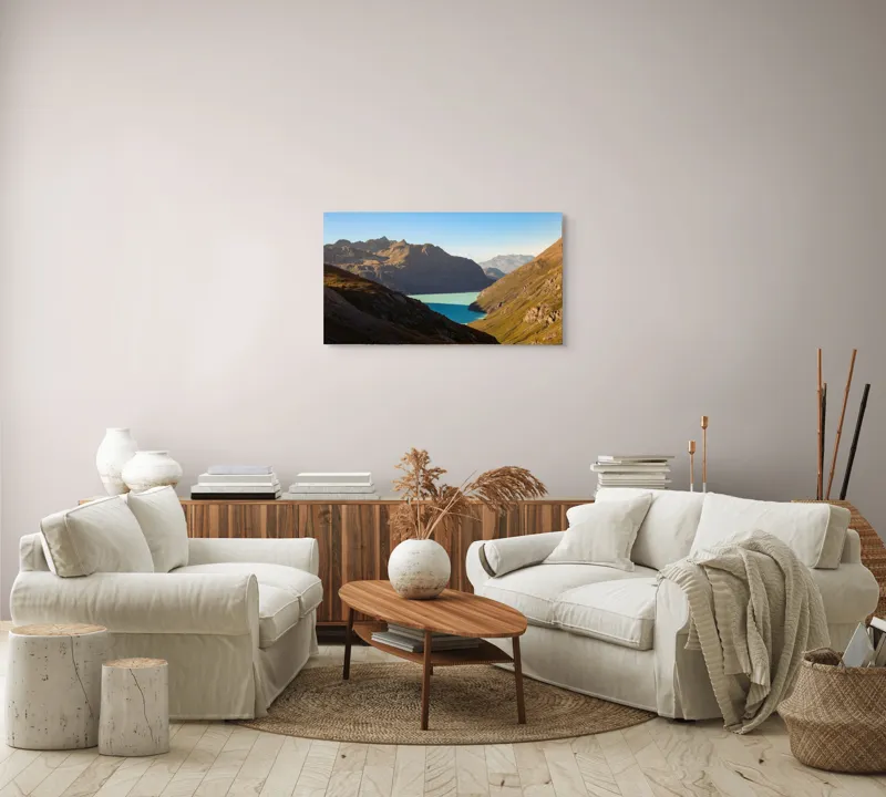 Tablou Canvas, "Lacul albastru între munți stâncoși", Montagne, Lac, Cer, Peisaj, Lumină, Umbre, Frumusețe, Natură., 90 x 50 cm – poza 4
