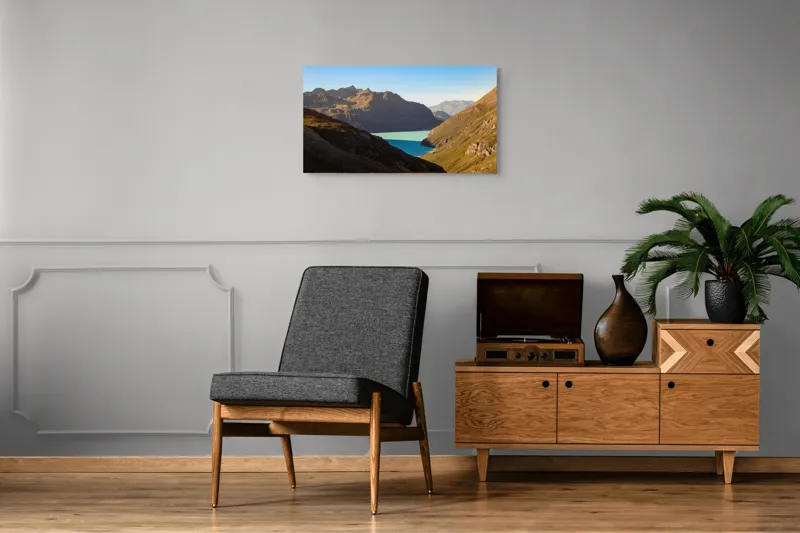 Tablou Canvas, "Lacul albastru între munți stâncoși", Montagne, Lac, Cer, Peisaj, Lumină, Umbre, Frumusețe, Natură., 90 x 50 cm – poza 6