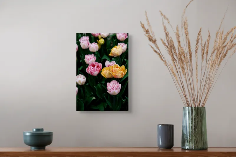 Tablou Canvas, "Simfonia florilor primăvăratice în grădină", Flori, Lalele, Roz, Galben, Verde, Petale, Grădină, Natură, Frumusețe, Primăvară, 26 x 39 cm – poza 5