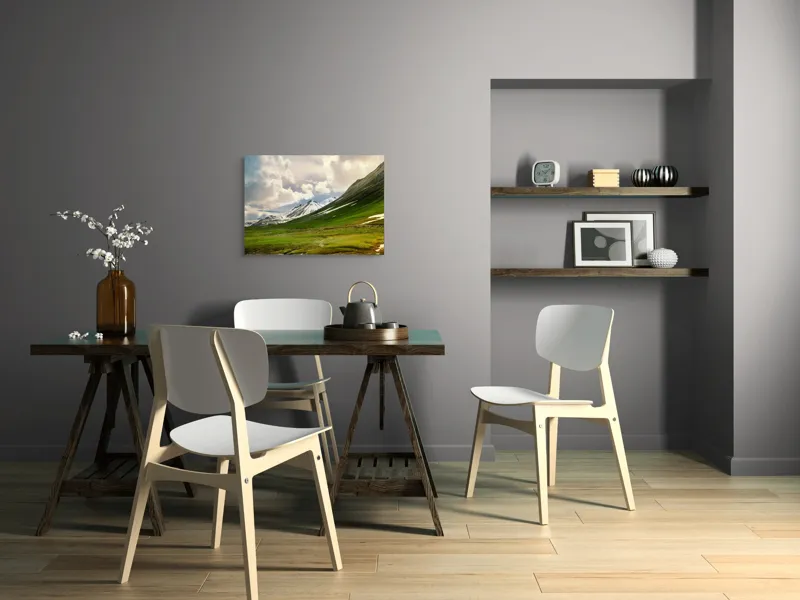Tablou Canvas, "Munții albi sub cer de vară", Nori, Munți, Zăpadă, Vale, Verdeață, Peisaj, Cer, Natură, Liniște, Frumusețe, 70 x 50 cm – poza 5