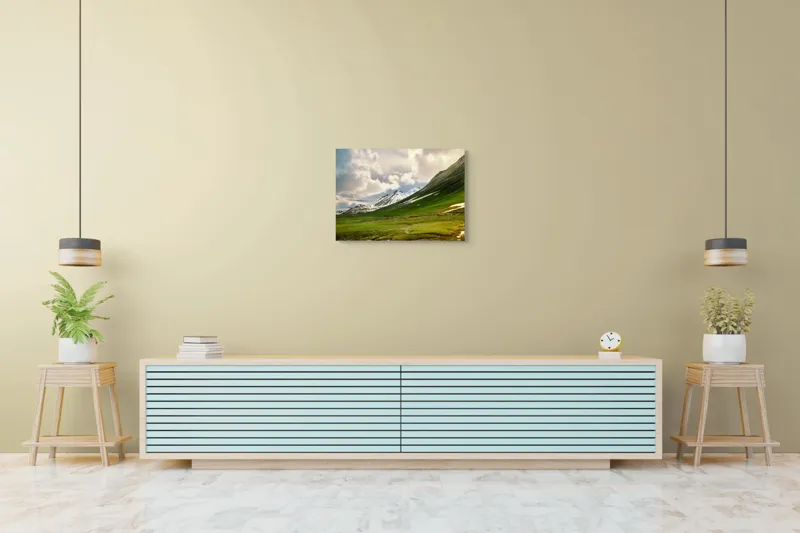Tablou Canvas, "Munții albi sub cer de vară", Nori, Munți, Zăpadă, Vale, Verdeață, Peisaj, Cer, Natură, Liniște, Frumusețe, 70 x 50 cm – poza 7