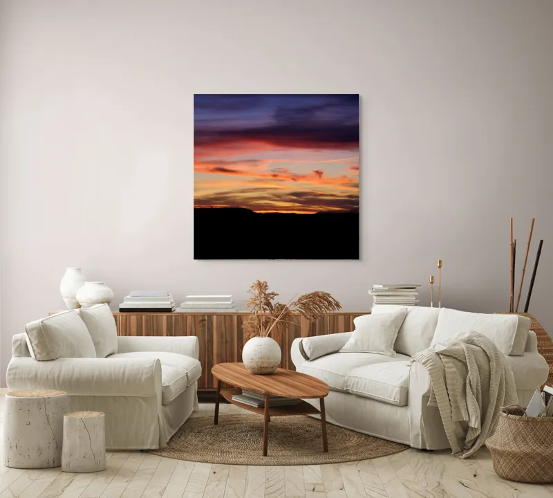 Tablou Canvas, "Răsărit colorat peste orizontul liniștit", Cer, Apus, Nori, Portocaliu, Mov, Siluetă, Natură, Peisaj, Raze, Orizont, 100 x 100 cm – poza 3