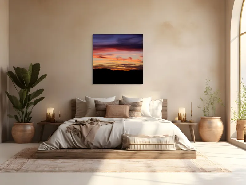 Tablou Canvas, "Răsărit colorat peste orizontul liniștit", Cer, Apus, Nori, Portocaliu, Mov, Siluetă, Natură, Peisaj, Raze, Orizont, 100 x 100 cm – poza 4