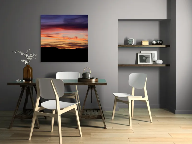 Tablou Canvas, "Răsărit colorat peste orizontul liniștit", Cer, Apus, Nori, Portocaliu, Mov, Siluetă, Natură, Peisaj, Raze, Orizont, 100 x 100 cm – poza 6