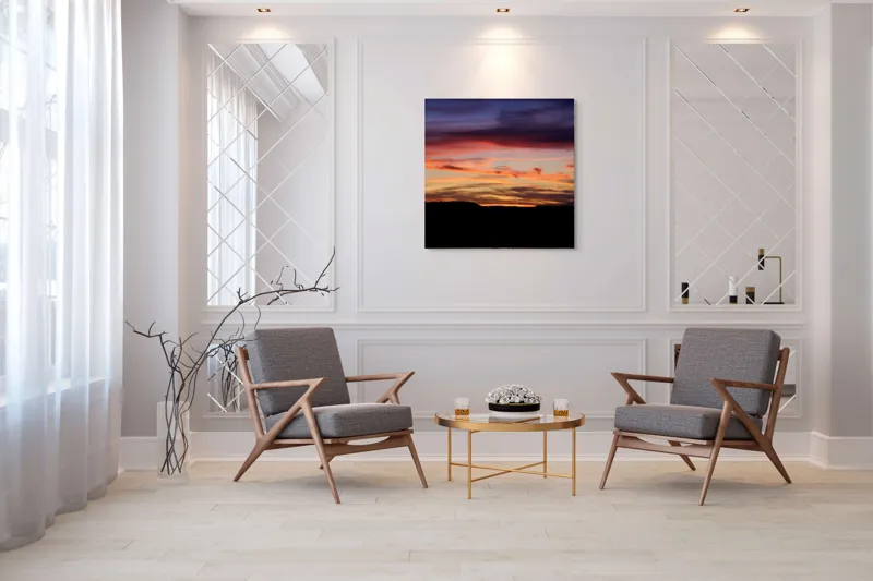 Tablou Canvas, "Răsărit colorat peste orizontul liniștit", Cer, Apus, Nori, Portocaliu, Mov, Siluetă, Natură, Peisaj, Raze, Orizont, 100 x 100 cm – poza 7
