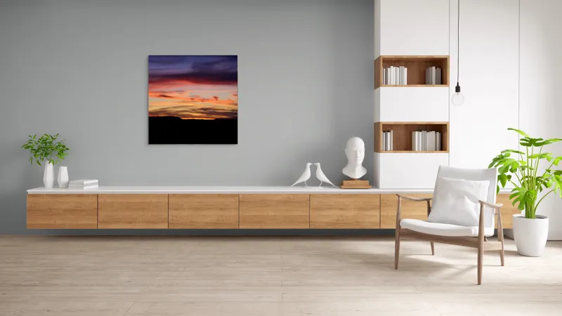 Tablou Canvas, "Răsărit colorat peste orizontul liniștit", Cer, Apus, Nori, Portocaliu, Mov, Siluetă, Natură, Peisaj, Raze, Orizont, 100 x 100 cm – poza 8
