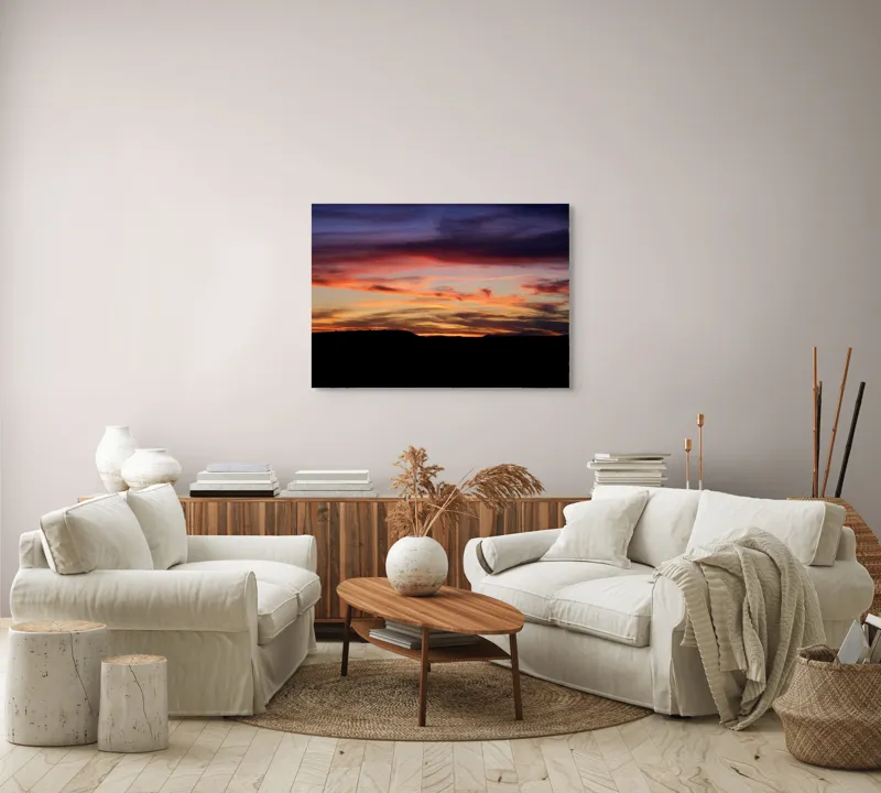 Tablou Canvas, "Răsărit colorat peste orizontul liniștit", Cer, Apus, Nori, Portocaliu, Mov, Siluetă, Natură, Peisaj, Raze, Orizont, 100 x 70 cm – poza 3
