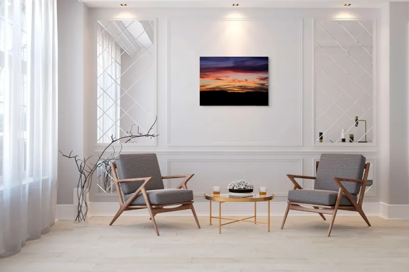 Tablou Canvas, "Răsărit colorat peste orizontul liniștit", Cer, Apus, Nori, Portocaliu, Mov, Siluetă, Natură, Peisaj, Raze, Orizont, 100 x 70 cm – poza 5
