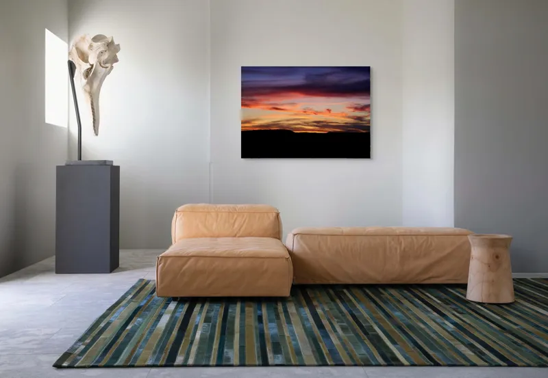Tablou Canvas, "Răsărit colorat peste orizontul liniștit", Cer, Apus, Nori, Portocaliu, Mov, Siluetă, Natură, Peisaj, Raze, Orizont, 100 x 70 cm – poza 7