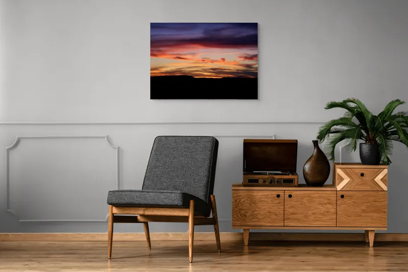Tablou Canvas, "Răsărit colorat peste orizontul liniștit", Cer, Apus, Nori, Portocaliu, Mov, Siluetă, Natură, Peisaj, Raze, Orizont, 100 x 70 cm – poza 8