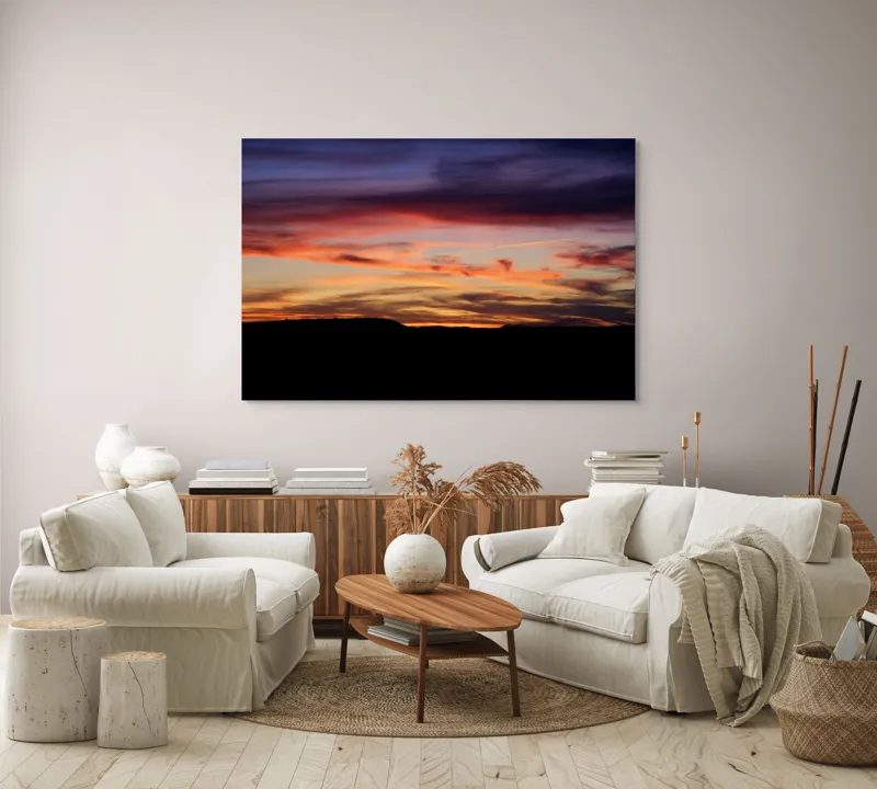 Tablou Canvas, "Răsărit colorat peste orizontul liniștit", Cer, Apus, Nori, Portocaliu, Mov, Siluetă, Natură, Peisaj, Raze, Orizont, 150 x 100 cm – poza 3