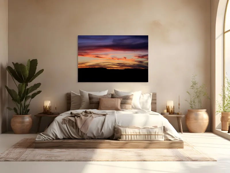 Tablou Canvas, "Răsărit colorat peste orizontul liniștit", Cer, Apus, Nori, Portocaliu, Mov, Siluetă, Natură, Peisaj, Raze, Orizont, 150 x 100 cm – poza 4