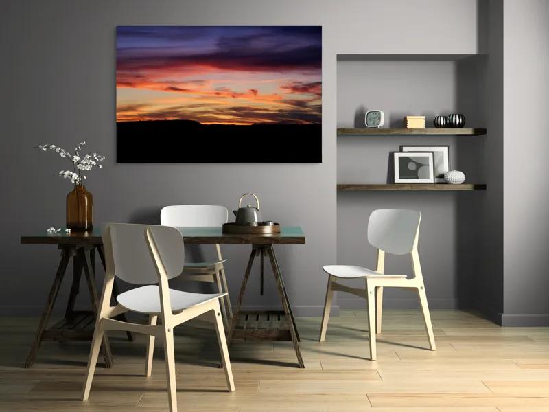 Tablou Canvas, "Răsărit colorat peste orizontul liniștit", Cer, Apus, Nori, Portocaliu, Mov, Siluetă, Natură, Peisaj, Raze, Orizont, 150 x 100 cm – poza 5