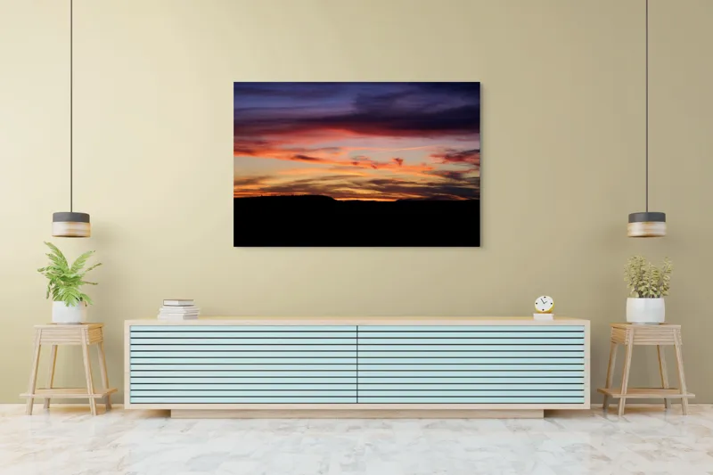 Tablou Canvas, "Răsărit colorat peste orizontul liniștit", Cer, Apus, Nori, Portocaliu, Mov, Siluetă, Natură, Peisaj, Raze, Orizont, 150 x 100 cm – poza 6