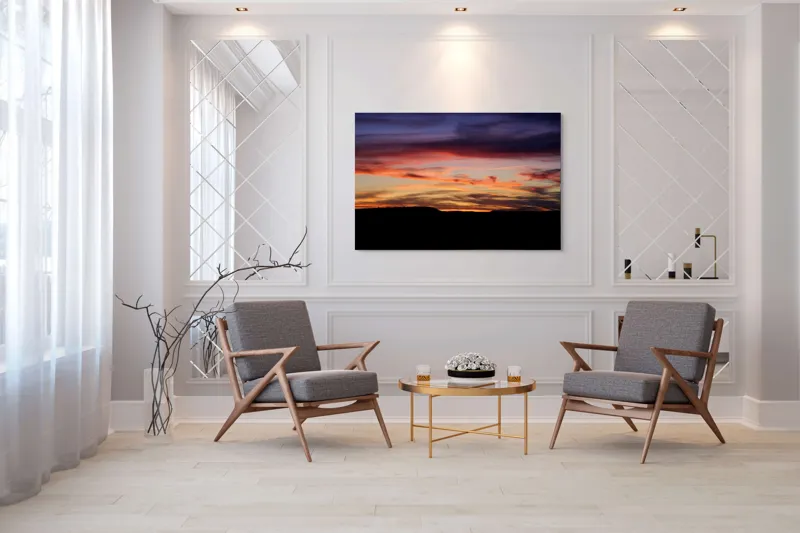 Tablou Canvas, "Răsărit colorat peste orizontul liniștit", Cer, Apus, Nori, Portocaliu, Mov, Siluetă, Natură, Peisaj, Raze, Orizont, 150 x 100 cm – poza 7