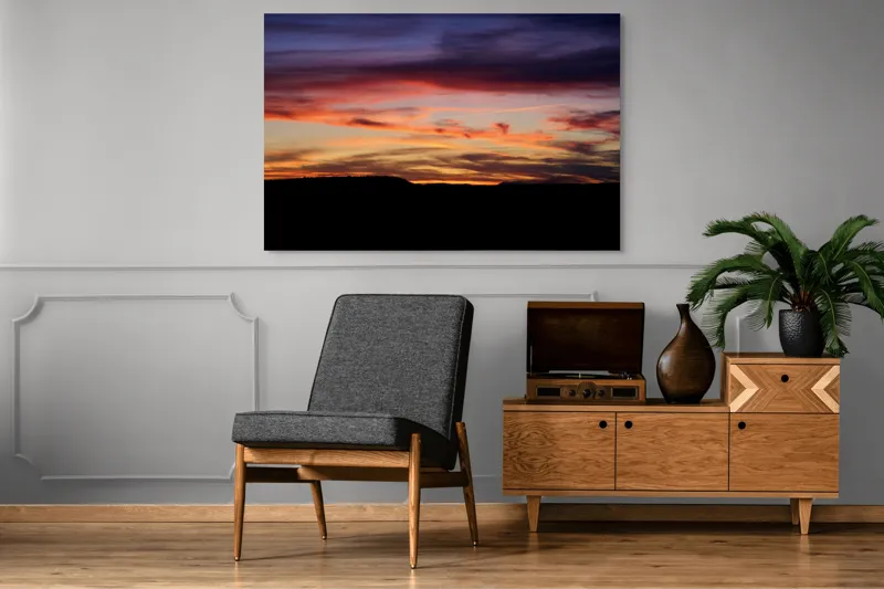 Tablou Canvas, "Răsărit colorat peste orizontul liniștit", Cer, Apus, Nori, Portocaliu, Mov, Siluetă, Natură, Peisaj, Raze, Orizont, 150 x 100 cm – poza 8