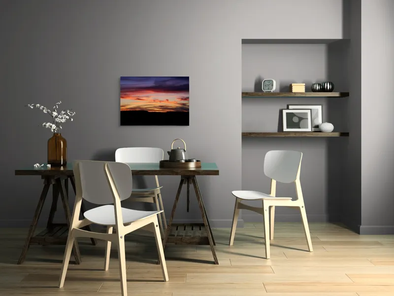 Tablou Canvas, "Răsărit colorat peste orizontul liniștit", Cer, Apus, Nori, Portocaliu, Mov, Siluetă, Natură, Peisaj, Raze, Orizont, 70 x 50 cm – poza 5