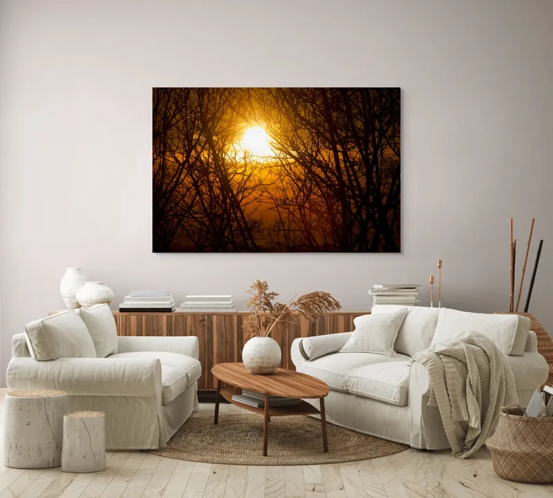 Tablou Canvas, "Apusul mistic prin crengi întunecate", Soare, Ramuri, Siluete, Apus, Cer, Lumina, Caldura, Naturalete, Stralucire, Liniste, 150 x 100 cm – poza 3