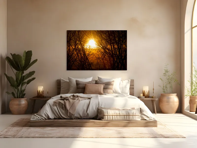 Tablou Canvas, "Apusul mistic prin crengi întunecate", Soare, Ramuri, Siluete, Apus, Cer, Lumina, Caldura, Naturalete, Stralucire, Liniste, 150 x 100 cm – poza 4
