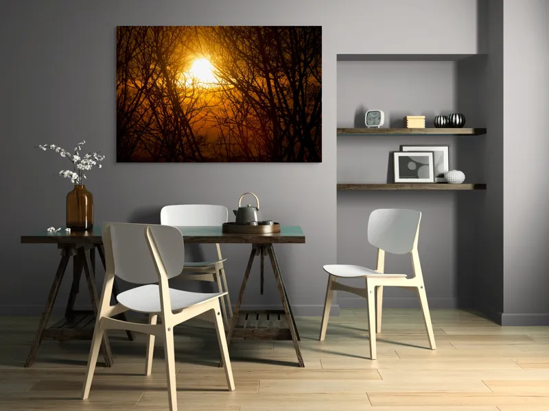 Tablou Canvas, "Apusul mistic prin crengi întunecate", Soare, Ramuri, Siluete, Apus, Cer, Lumina, Caldura, Naturalete, Stralucire, Liniste, 150 x 100 cm – poza 5
