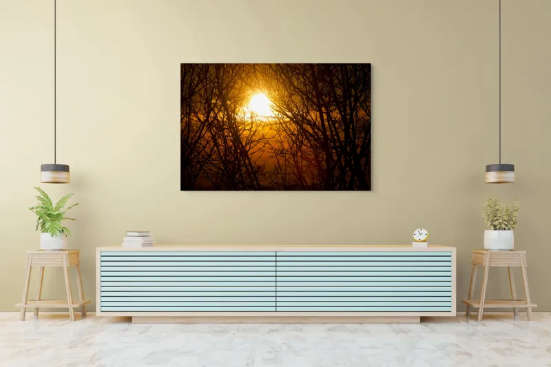 Tablou Canvas, "Apusul mistic prin crengi întunecate", Soare, Ramuri, Siluete, Apus, Cer, Lumina, Caldura, Naturalete, Stralucire, Liniste, 150 x 100 cm – poza 6