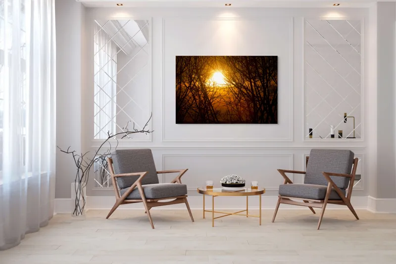 Tablou Canvas, "Apusul mistic prin crengi întunecate", Soare, Ramuri, Siluete, Apus, Cer, Lumina, Caldura, Naturalete, Stralucire, Liniste, 150 x 100 cm – poza 7